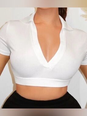 SHEIN White Ribbed V-Neck Cropped Polo Top